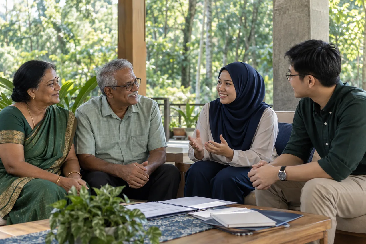 Imej janaan AI anggota komuniti Malaysia sedang berbual